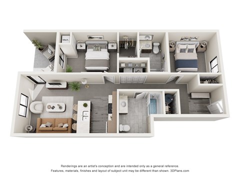 A 3D floor plan of a house with a kitchen, living room, and bathrooms.